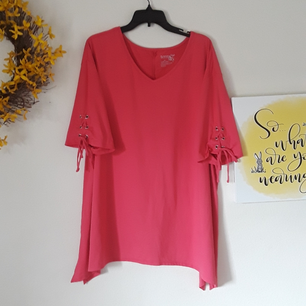 Terra & Sky Pink LaceUp Sleeve Asymmetrical Blouse